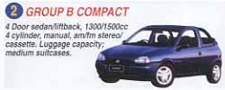 4 door sedan liftback, 1300/1500cc 4 cylinder, manual, am/fm stereo/cassette. Luggage capacity = medium suitcases