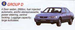 4 door sedan, 2000cc, fuel injected automatic, am/fm stereo/cassette. power steering, central locking. Luggage capacity = large suitcases