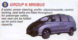 8 seater, power steering, am/fm stereo/cassette, central locking, seat belts are fitted throughout for passenger safety, rear seat can be folded up for extra load capacity